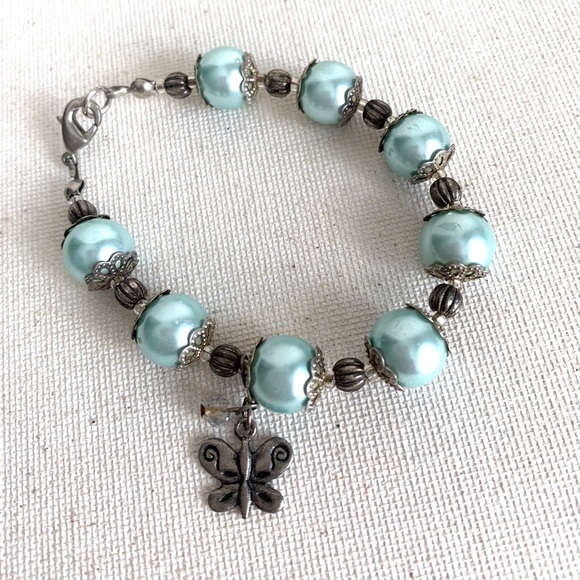 Jewelry - Sea Blue Beaded Bracelet. Butterfly Charm